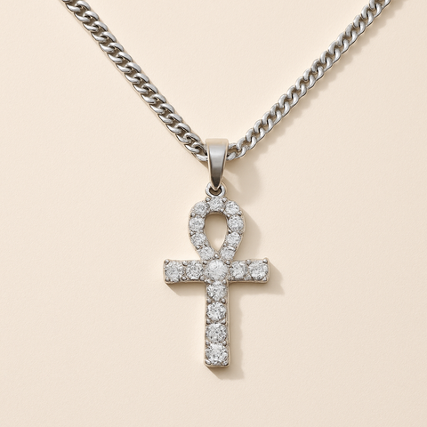 Diamond Ankh Charm Necklace in Silver